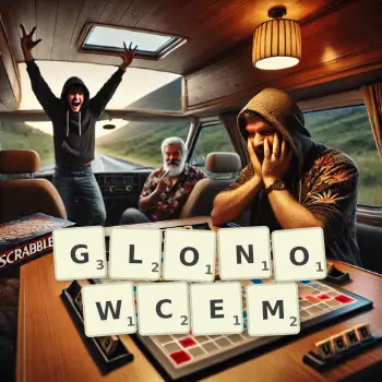 Kreatywna ilustracja do gry w Scrabble ze słowem GLONOWCEM ułożonym z płytek na planszy.