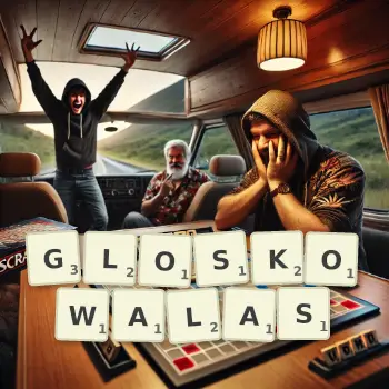 Kreatywna ilustracja do gry w Scrabble ze słowem GLOSKOWALAS ułożonym z płytek na planszy.