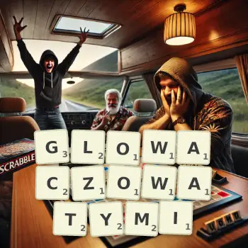 Kreatywna ilustracja do gry w Scrabble ze słowem GLOWACZOWATYMI ułożonym z płytek na planszy.