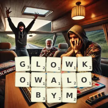 Kreatywna ilustracja do gry w Scrabble ze słowem GLOWKOWALOBYM ułożonym z płytek na planszy.