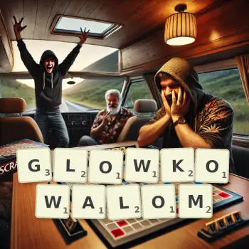 Kreatywna ilustracja do gry w Scrabble ze słowem GLOWKOWALOM ułożonym z płytek na planszy.