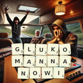 Kreatywna ilustracja do gry w Scrabble ze słowem GLUKOMANNANOWI ułożonym z płytek na planszy.