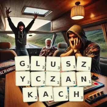Kreatywna ilustracja do gry w Scrabble ze słowem GLUSZYCZANKACH ułożonym z płytek na planszy.