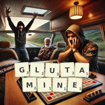 Kreatywna ilustracja do gry w Scrabble ze słowem GLUTAMINE ułożonym z płytek na planszy.