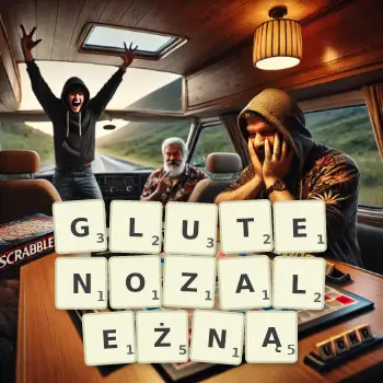 Kreatywna ilustracja do gry w Scrabble ze słowem GLUTENOZALEŻNĄ ułożonym z płytek na planszy.