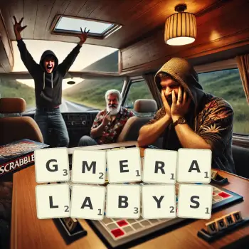 Kreatywna ilustracja do gry w Scrabble ze słowem GMERALABYS ułożonym z płytek na planszy.