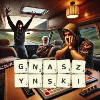 Kreatywna ilustracja do gry w Scrabble ze słowem GNASZYNSKI ułożonym z płytek na planszy.