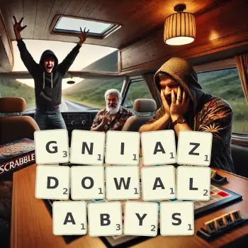 Kreatywna ilustracja do gry w Scrabble ze słowem GNIAZDOWALABYS ułożonym z płytek na planszy.