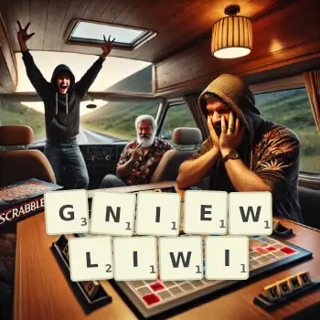 Kreatywna ilustracja do gry w Scrabble ze słowem GNIEWLIWI ułożonym z płytek na planszy.