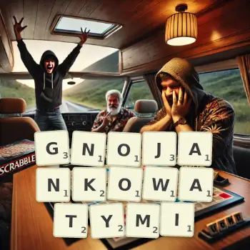 Kreatywna ilustracja do gry w Scrabble ze słowem GNOJANKOWATYMI ułożonym z płytek na planszy.