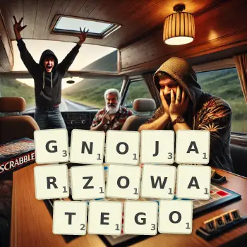 Kreatywna ilustracja do gry w Scrabble ze słowem GNOJARZOWATEGO ułożonym z płytek na planszy.