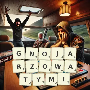 Kreatywna ilustracja do gry w Scrabble ze słowem GNOJARZOWATYMI ułożonym z płytek na planszy.