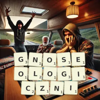 Kreatywna ilustracja do gry w Scrabble ze słowem GNOSEOLOGICZNI ułożonym z płytek na planszy.