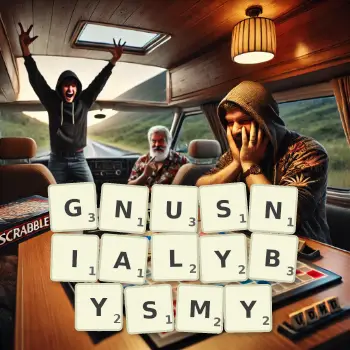 Kreatywna ilustracja do gry w Scrabble ze słowem GNUSNIALYBYSMY ułożonym z płytek na planszy.