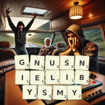 Kreatywna ilustracja do gry w Scrabble ze słowem GNUŚNIELIBYŚMY ułożonym z płytek na planszy.