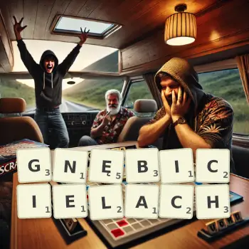 Kreatywna ilustracja do gry w Scrabble ze słowem GNĘBICIELACH ułożonym z płytek na planszy.