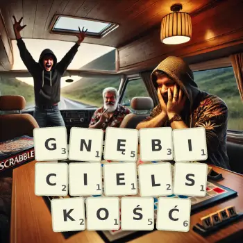 Kreatywna ilustracja do gry w Scrabble ze słowem GNĘBICIELSKOŚĆ ułożonym z płytek na planszy.