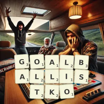 Kreatywna ilustracja do gry w Scrabble ze słowem GOALBALLISTKO ułożonym z płytek na planszy.