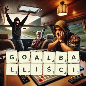 Kreatywna ilustracja do gry w Scrabble ze słowem GOALBALLIŚCI ułożonym z płytek na planszy.