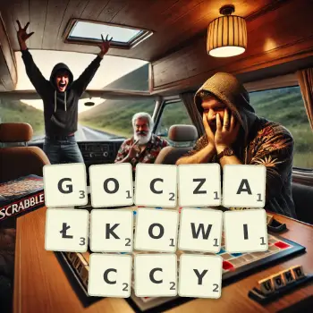 Kreatywna ilustracja do gry w Scrabble ze słowem GOCZAŁKOWICCY ułożonym z płytek na planszy.