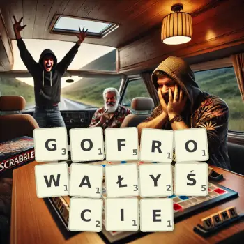 Kreatywna ilustracja do gry w Scrabble ze słowem GOFROWAŁYŚCIE ułożonym z płytek na planszy.