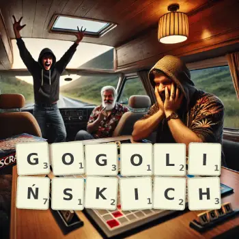Kreatywna ilustracja do gry w Scrabble ze słowem GOGOLIŃSKICH ułożonym z płytek na planszy.