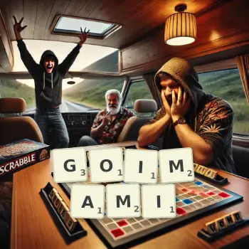 Kreatywna ilustracja do gry w Scrabble ze słowem GOIMAMI ułożonym z płytek na planszy.