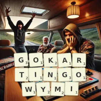 Kreatywna ilustracja do gry w Scrabble ze słowem GOKARTINGOWYMI ułożonym z płytek na planszy.