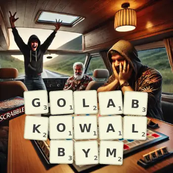 Kreatywna ilustracja do gry w Scrabble ze słowem GOLABKOWALBYM ułożonym z płytek na planszy.