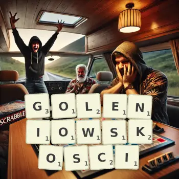 Kreatywna ilustracja do gry w Scrabble ze słowem GOLENIOWSKOSCI ułożonym z płytek na planszy.