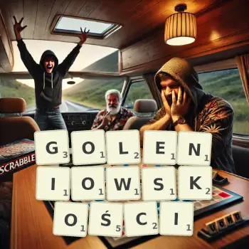Kreatywna ilustracja do gry w Scrabble ze słowem GOLENIOWSKOŚCI ułożonym z płytek na planszy.