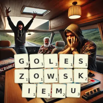 Kreatywna ilustracja do gry w Scrabble ze słowem GOLESZOWSKIEMU ułożonym z płytek na planszy.