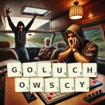 Kreatywna ilustracja do gry w Scrabble ze słowem GOLUCHOWSCY ułożonym z płytek na planszy.