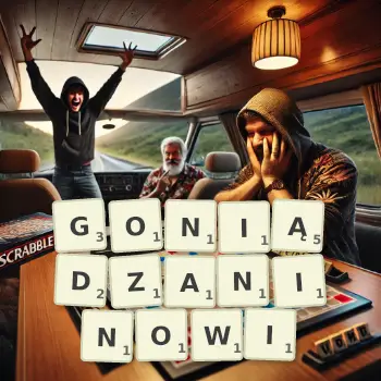 Kreatywna ilustracja do gry w Scrabble ze słowem GONIĄDZANINOWI ułożonym z płytek na planszy.