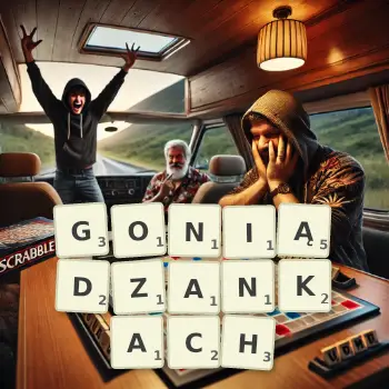 Kreatywna ilustracja do gry w Scrabble ze słowem GONIĄDZANKACH ułożonym z płytek na planszy.