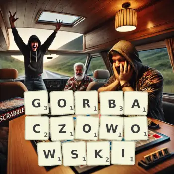 Kreatywna ilustracja do gry w Scrabble ze słowem GORBACZOWOWSKI ułożonym z płytek na planszy.