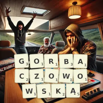 Kreatywna ilustracja do gry w Scrabble ze słowem GORBACZOWOWSKĄ ułożonym z płytek na planszy.