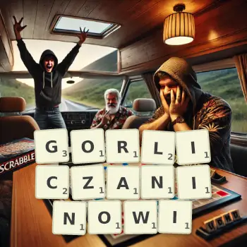 Kreatywna ilustracja do gry w Scrabble ze słowem GORLICZANINOWI ułożonym z płytek na planszy.