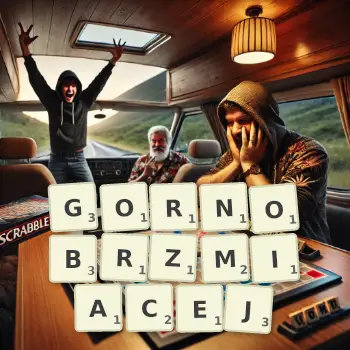 Kreatywna ilustracja do gry w Scrabble ze słowem GORNOBRZMIACEJ ułożonym z płytek na planszy.