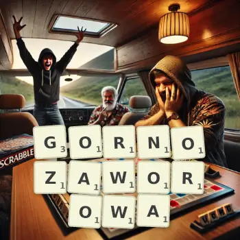 Kreatywna ilustracja do gry w Scrabble ze słowem GORNOZAWOROWA ułożonym z płytek na planszy.