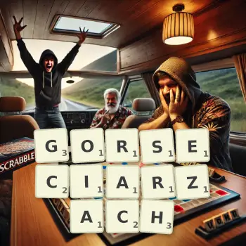 Kreatywna ilustracja do gry w Scrabble ze słowem GORSECIARZACH ułożonym z płytek na planszy.