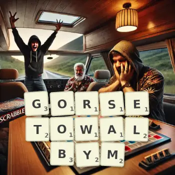 Kreatywna ilustracja do gry w Scrabble ze słowem GORSETOWALBYM ułożonym z płytek na planszy.