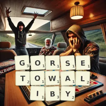 Kreatywna ilustracja do gry w Scrabble ze słowem GORSETOWALIBY ułożonym z płytek na planszy.