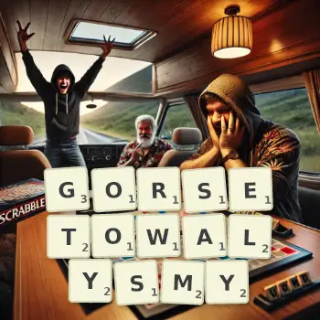 Kreatywna ilustracja do gry w Scrabble ze słowem GORSETOWALYSMY ułożonym z płytek na planszy.