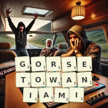 Kreatywna ilustracja do gry w Scrabble ze słowem GORSETOWANIAMI ułożonym z płytek na planszy.