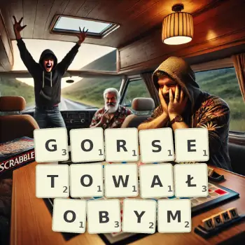 Kreatywna ilustracja do gry w Scrabble ze słowem GORSETOWAŁOBYM ułożonym z płytek na planszy.