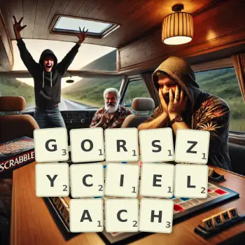 Kreatywna ilustracja do gry w Scrabble ze słowem GORSZYCIELACH ułożonym z płytek na planszy.