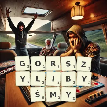 Kreatywna ilustracja do gry w Scrabble ze słowem GORSZYLIBYŚMY ułożonym z płytek na planszy.
