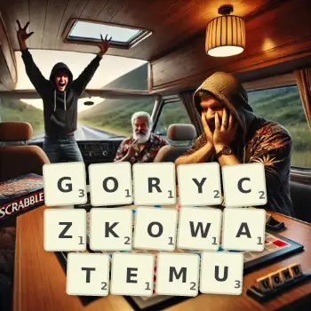 Kreatywna ilustracja do gry w Scrabble ze słowem GORYCZKOWATEMU ułożonym z płytek na planszy.