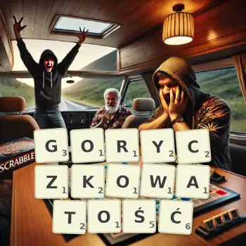Kreatywna ilustracja do gry w Scrabble ze słowem GORYCZKOWATOŚĆ ułożonym z płytek na planszy.
